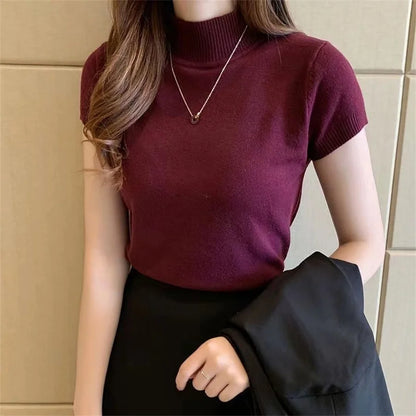 Half-High Neck T-Shirt Women's Fashion Jumper Casual Tops Korean Style Elegant Solid-Coloured Clothing Spring And Summer Season