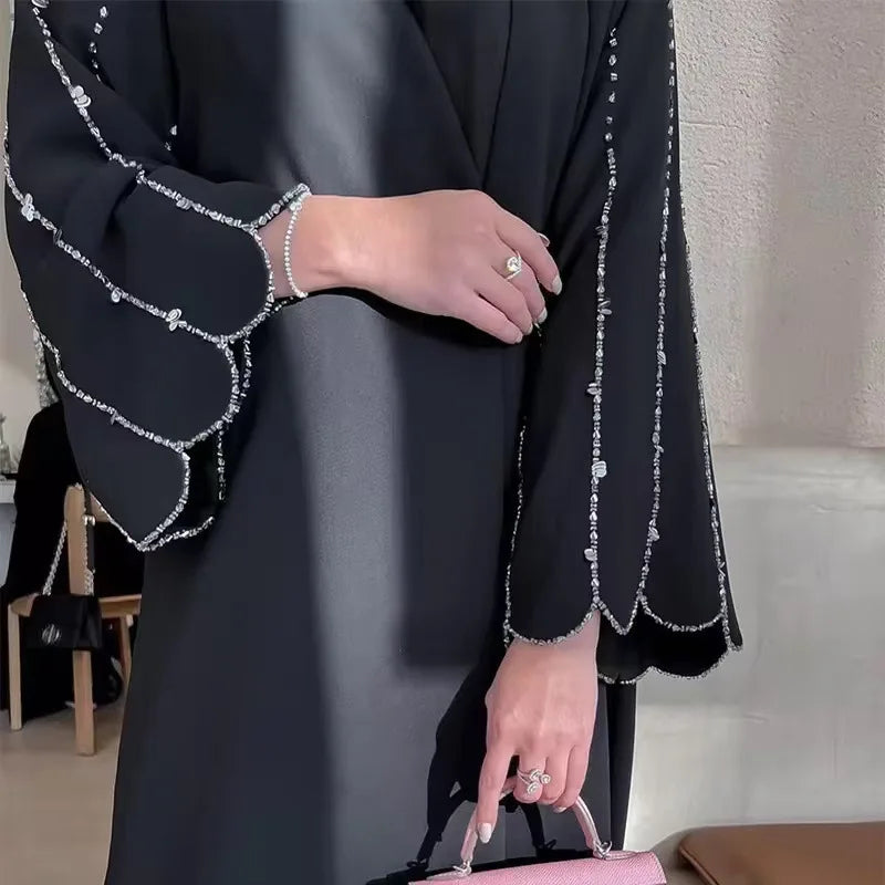 Eid Open Abaya Dubai Elegant Hand-sewn Beads Muslim Party Dress Abayas for Women Jalabiya Kaftan Robe Ramadan Islamic Clothing