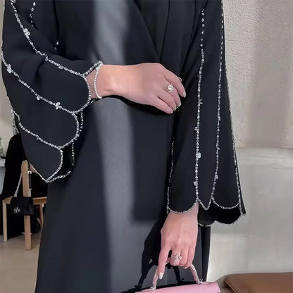 Eid Open Abaya Dubai Elegant Hand-sewn Beads Muslim Party Dress Abayas for Women Jalabiya Kaftan Robe Ramadan Islamic Clothing