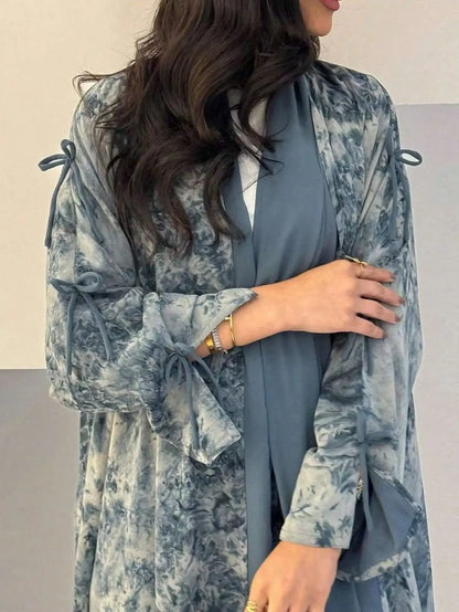 Middle Eastern Women cardigan Loose Tie Dye Abayas Casual Kaftan Arabian Maxi Dress Full Sleeve Open Front Jilbabs Without Hajib
