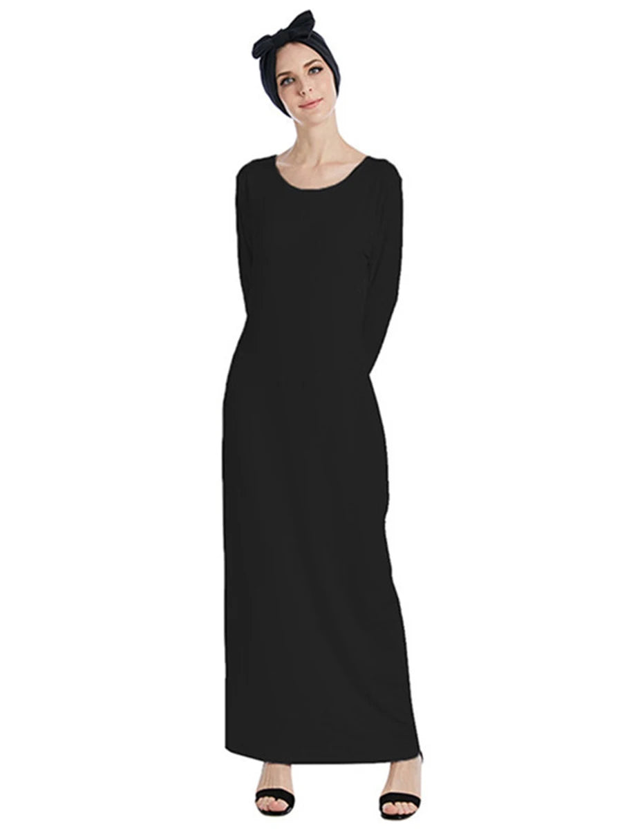 Siskakia Muslim Solid Casual Under Dress For Women Saudi African Abayas Long Sleeve Moroccan Kaftan Turkish Islamic Clothing