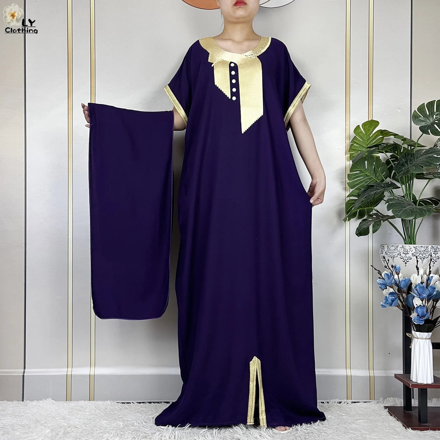 African Abayas New For Women Pure Color Cotton Islam Kaftan Maxi Short Sleeves Dresses Femme Muslim Casual Robe With Headscarf