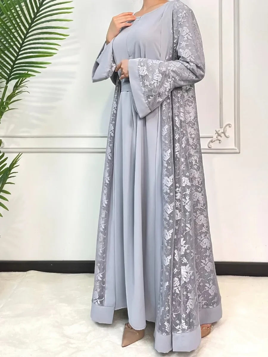 Lace Abaya 2 Piece Set Inner Dress Women Flare Sleeve Long Abayas Kaftan Djellaba Dubai Party Vestidos 2026