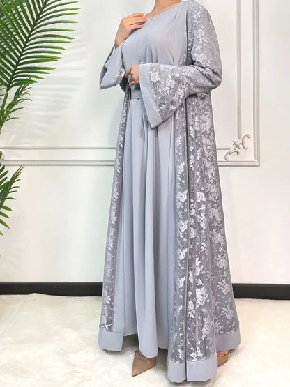 Lace Abaya 2 Piece Set Inner Dress Women Flare Sleeve Long Abayas Kaftan Djellaba Dubai Party Vestidos 2026