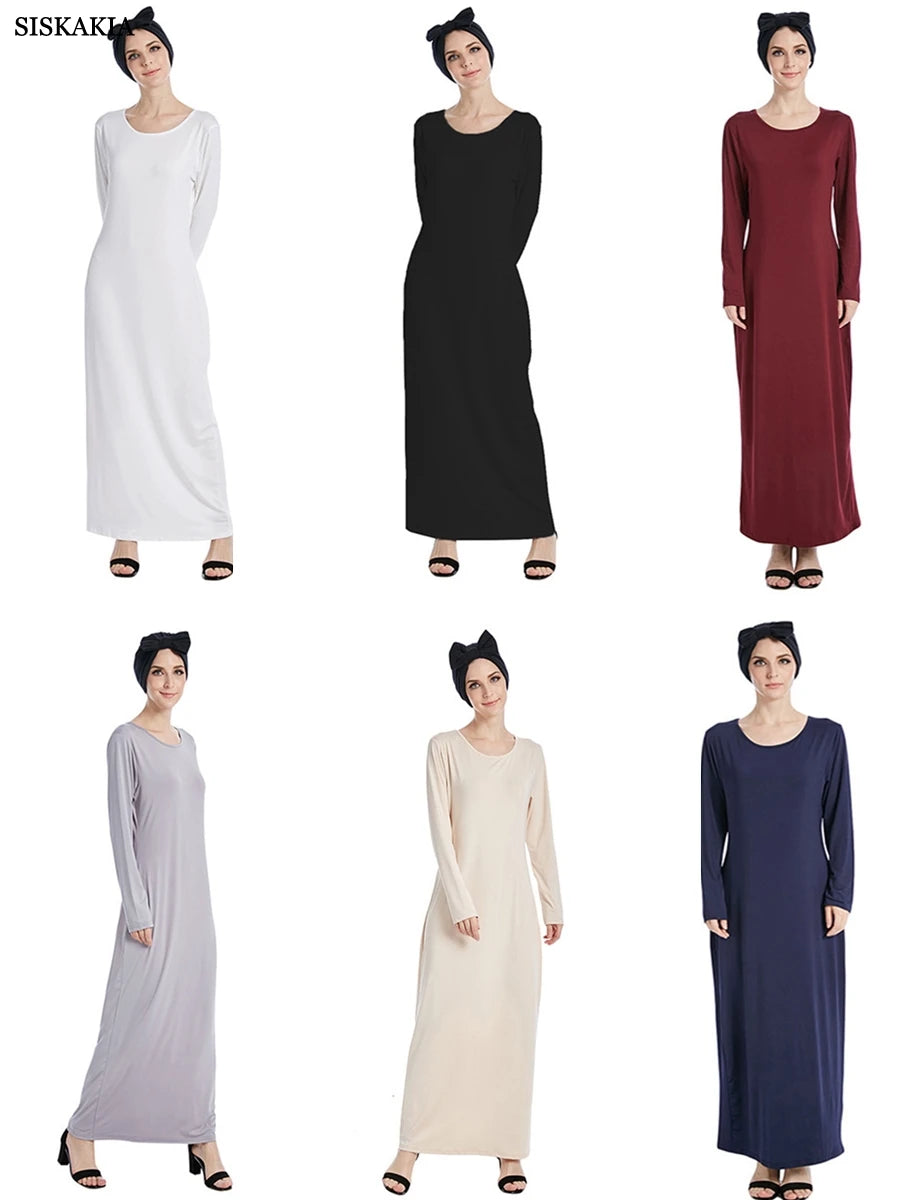Siskakia Muslim Solid Casual Under Dress For Women Saudi African Abayas Long Sleeve Moroccan Kaftan Turkish Islamic Clothing