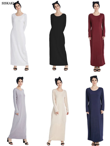 Siskakia Muslim Solid Casual Under Dress For Women Saudi African Abayas Long Sleeve Moroccan Kaftan Turkish Islamic Clothing