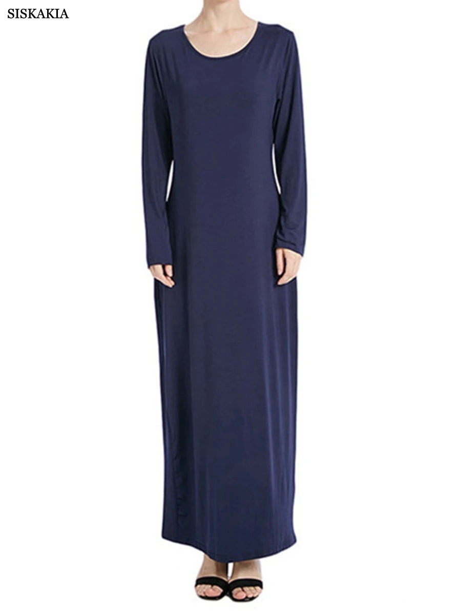 Siskakia Muslim Solid Casual Under Dress For Women Saudi African Abayas Long Sleeve Moroccan Kaftan Turkish Islamic Clothing