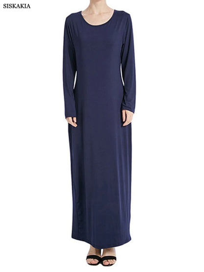 Siskakia Muslim Solid Casual Under Dress For Women Saudi African Abayas Long Sleeve Moroccan Kaftan Turkish Islamic Clothing