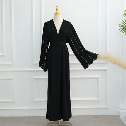 Eid Open Abaya Dubai Elegant Hand-sewn Beads Muslim Party Dress Abayas for Women Jalabiya Kaftan Robe Ramadan Islamic Clothing