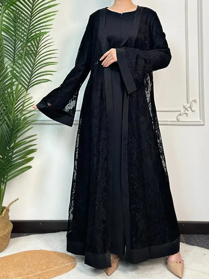 Lace Abaya 2 Piece Set Inner Dress Women Flare Sleeve Long Abayas Kaftan Djellaba Dubai Party Vestidos 2026