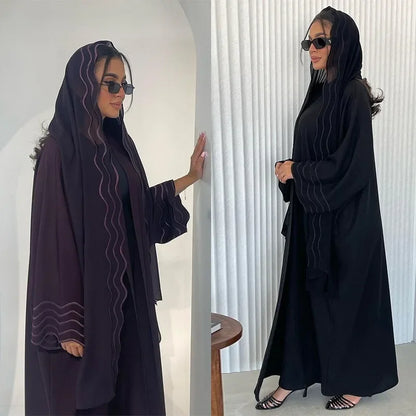 2025 New Abaya Under Dress Kaftan Solid Ramadan Muslim Sets Exquisite Embroidery Embroidery Coat with Headband Islamic Clothing