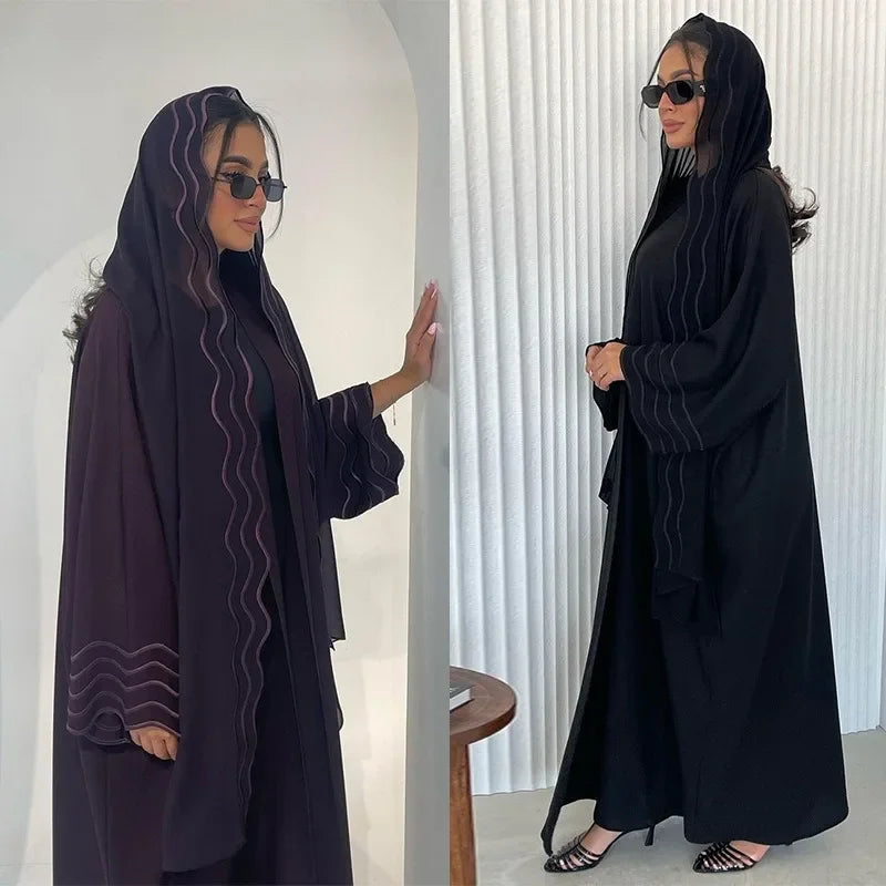 2025 New Abaya Under Dress Kaftan Solid Ramadan Muslim Sets Exquisite Embroidery Embroidery Coat with Headband Islamic Clothing