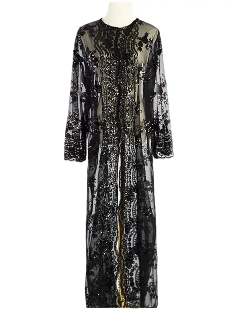 New Black White Sequin Kimono Cardigan Abaya Dubai Luxury Muslim Kaftan Abayas For Women Turkish Islamic Clothing Outfit