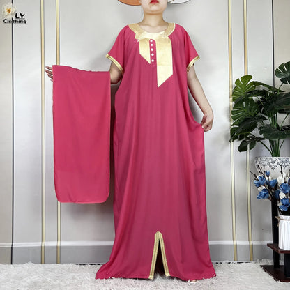 African Abayas New For Women Pure Color Cotton Islam Kaftan Maxi Short Sleeves Dresses Femme Muslim Casual Robe With Headscarf