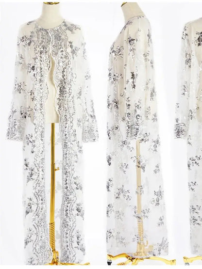 New Black White Sequin Kimono Cardigan Abaya Dubai Luxury Muslim Kaftan Abayas For Women Turkish Islamic Clothing Outfit