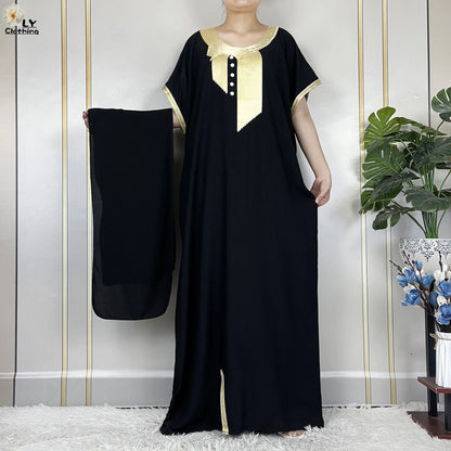 African Abayas New For Women Pure Color Cotton Islam Kaftan Maxi Short Sleeves Dresses Femme Muslim Casual Robe With Headscarf
