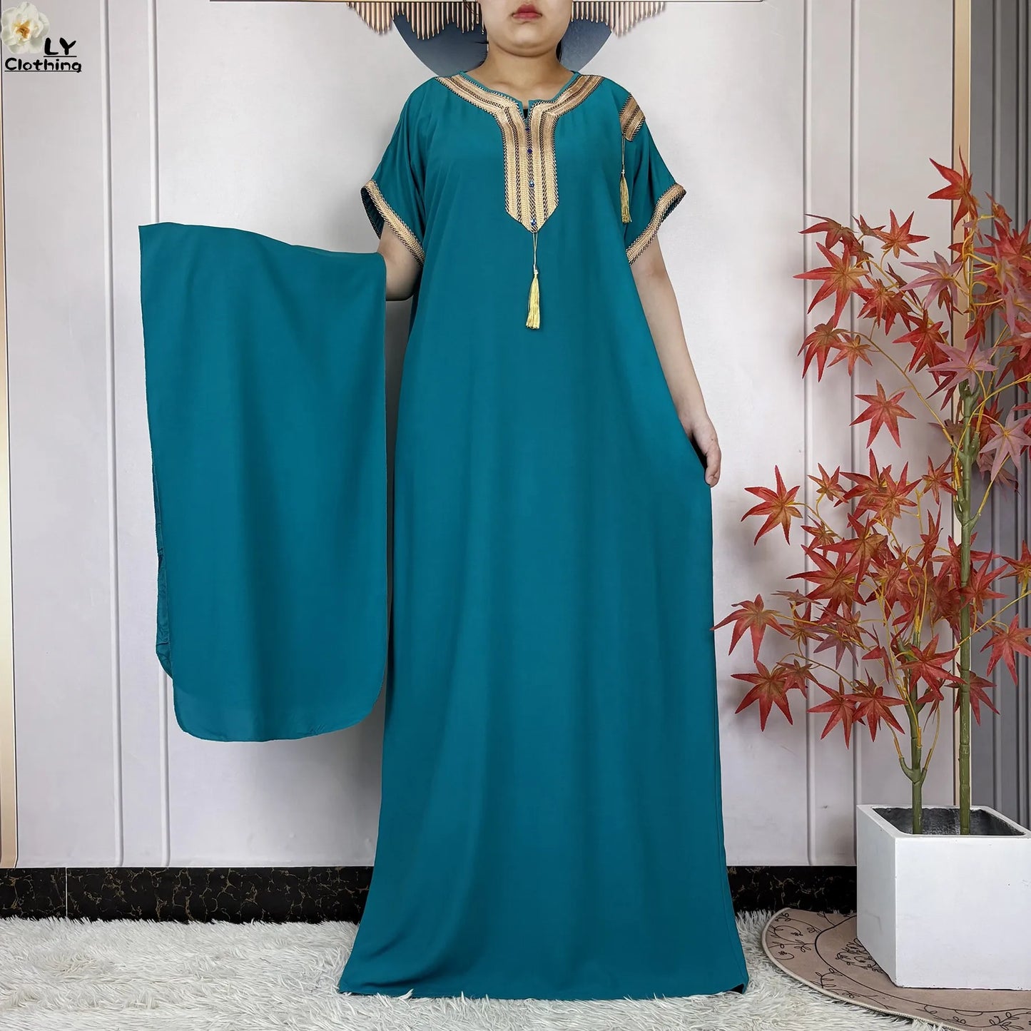 African Abayas New For Women Pure Color Cotton Islam Kaftan Maxi Short Sleeves Dresses Femme Muslim Casual Robe With Headscarf