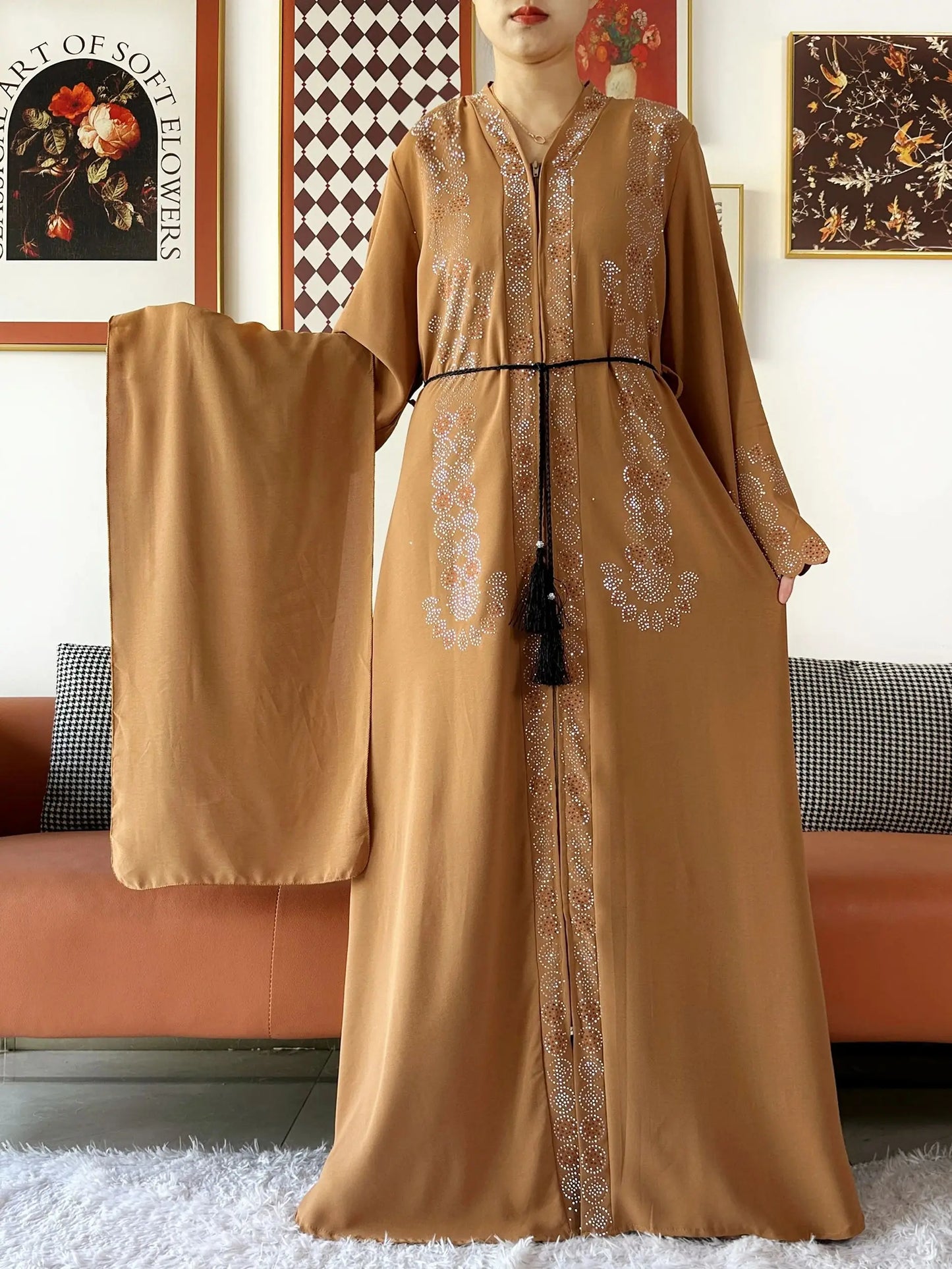 2025 Women Elegant Party Dress Chiffon Open Zipper Loose Abaya Muslim Women Dress Islamic Clothing Cardigan Abaya Muslim Dress