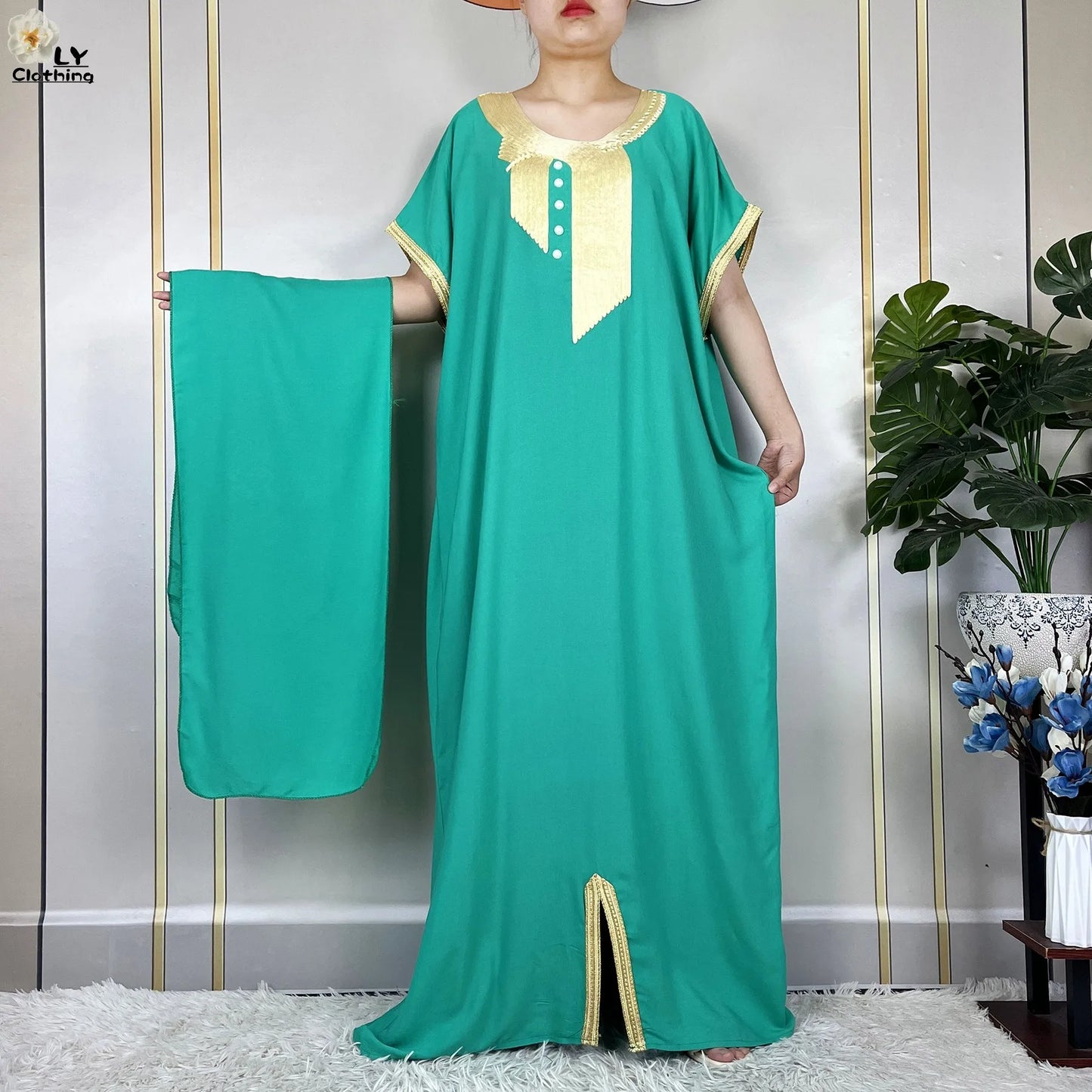 African Abayas New For Women Pure Color Cotton Islam Kaftan Maxi Short Sleeves Dresses Femme Muslim Casual Robe With Headscarf