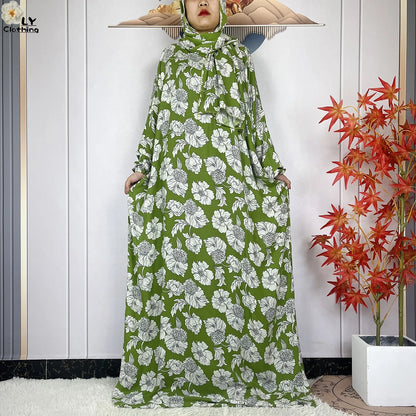 New Muslim Abayas Ramadan For Women Long Sleeves Dress Dubai Islam Loose Cotton Prayer Garment African Abaya Dress Connect Hijab