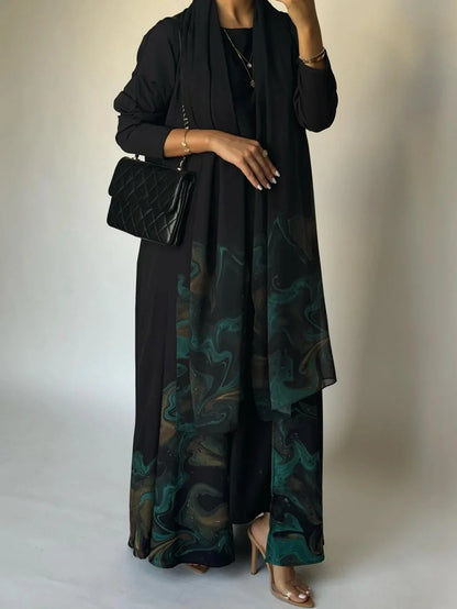Middle-East Islamic Open Front Abaya Muslim Full Sleeve Loose Printed Elegant  Abayas Turkey Kaftans Women Jilbabs Maxi Dresses