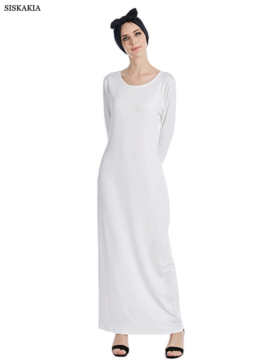 Siskakia Muslim Solid Casual Under Dress For Women Saudi African Abayas Long Sleeve Moroccan Kaftan Turkish Islamic Clothing