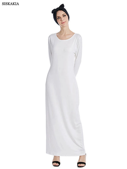 Siskakia Muslim Solid Casual Under Dress For Women Saudi African Abayas Long Sleeve Moroccan Kaftan Turkish Islamic Clothing