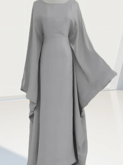Muslim  High-End Solid Color Shiny Satin Batwing Sleeve Dress Long Robe Abaya Loose Maxi Dresss