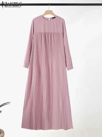 2025 ZANZEA Muslim Abaya Hijab Dress Women Elegant Long Sleeve Pleated Sundress Fashion Casual IsIamic Clothing Dubai Maxi Robe
