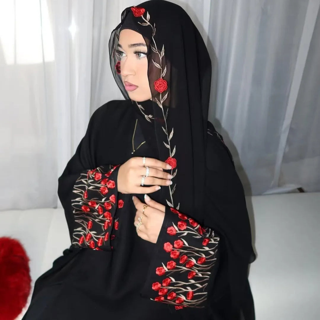 Islamic Clothes Black Flower Embroidery Abayas for Women Dubai Cardigan Muslim Saudi Open Abaya Kimono Luxury Hijab Dress Kaftan