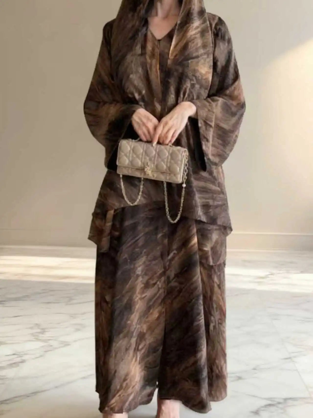 No headscarf; women's fashion Middle East Muslim tie-dye print spring and summer leisure long-sleeved coat robe elegant dress