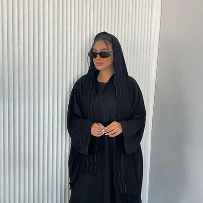 2025 New Abaya Under Dress Kaftan Solid Ramadan Muslim Sets Exquisite Embroidery Embroidery Coat with Headband Islamic Clothing