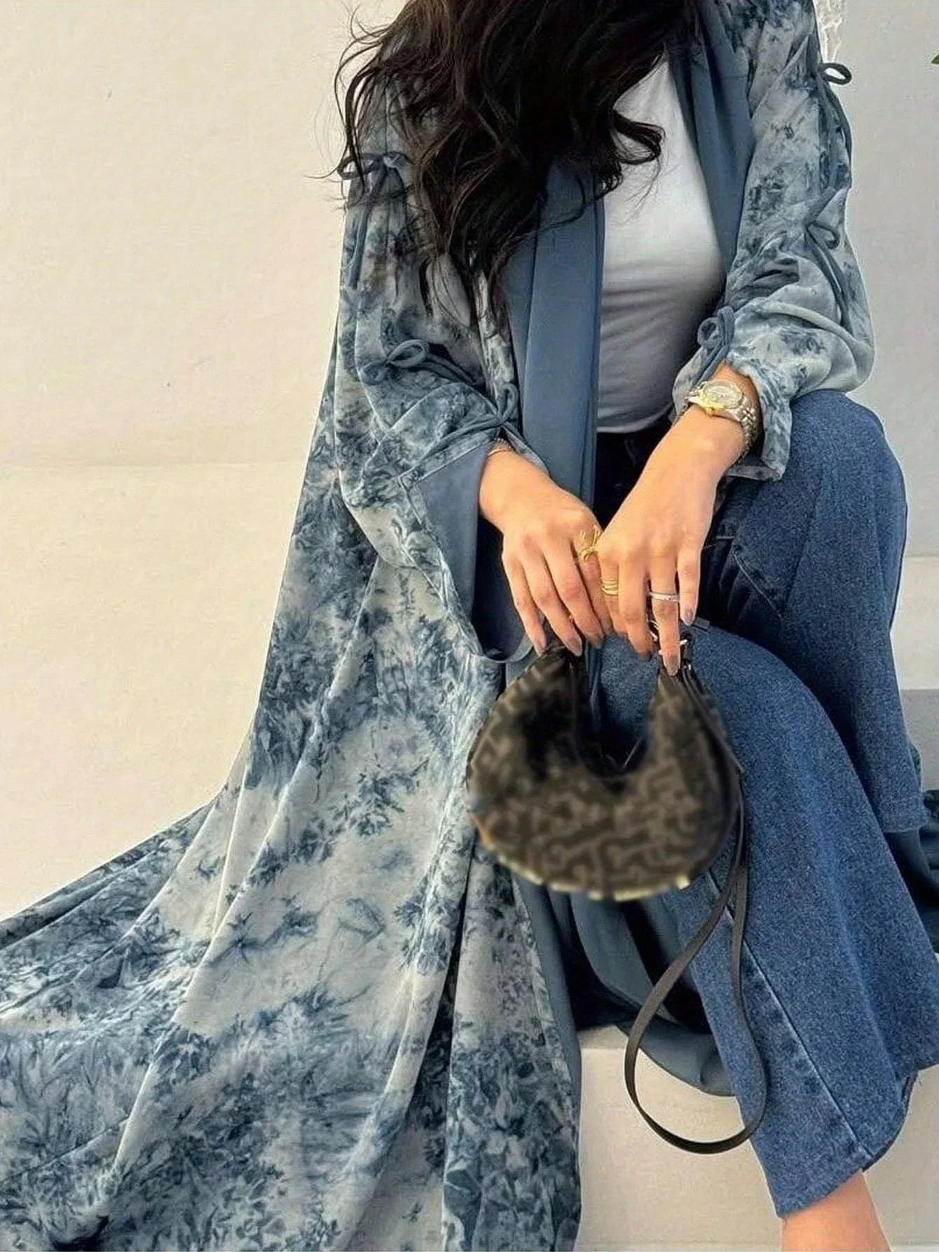 Middle Eastern Women cardigan Loose Tie Dye Abayas Casual Kaftan Arabian Maxi Dress Full Sleeve Open Front Jilbabs Without Hajib