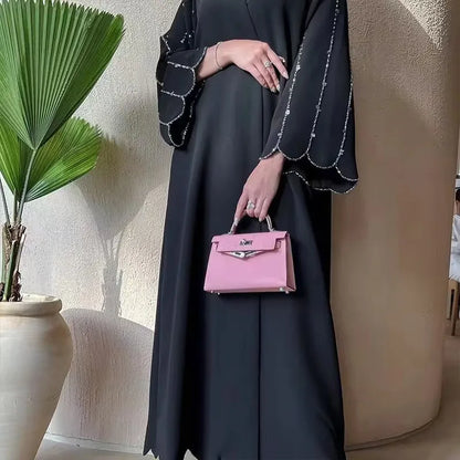 Eid Open Abaya Dubai Elegant Hand-sewn Beads Muslim Party Dress Abayas for Women Jalabiya Kaftan Robe Ramadan Islamic Clothing