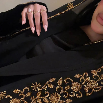 Black pen Abaya Eid Gold Embroidery Design Long Sleeve Dubai Abaya Women Muslim Dress