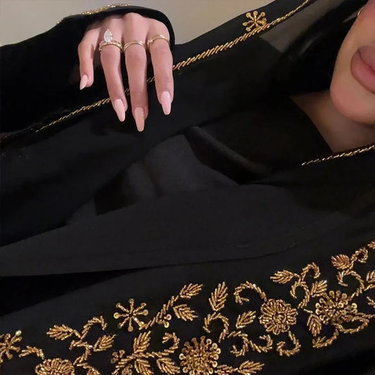 Black pen Abaya Eid Gold Embroidery Design Long Sleeve Dubai Abaya Women Muslim Dress