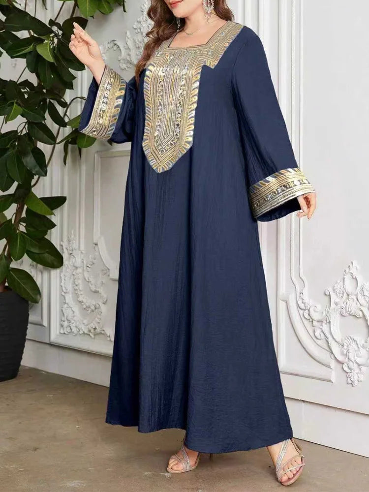 GIBSIE Plus Size Ethnic Style Square Neck Abaya Dress Women Spring 2026 New Casual Maxi Dress Turkey Kaftan Islamic Clothing