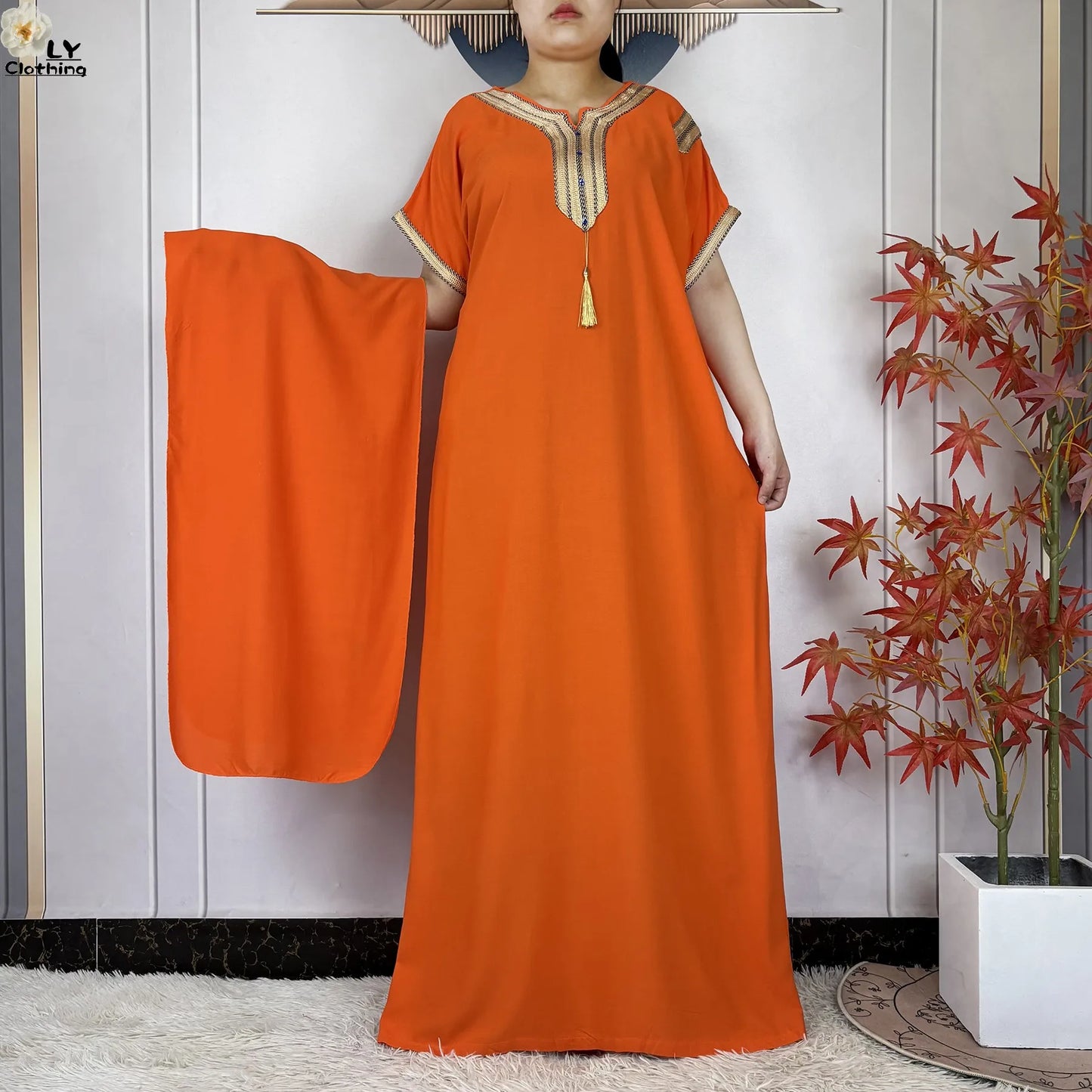 African Abayas New For Women Pure Color Cotton Islam Kaftan Maxi Short Sleeves Dresses Femme Muslim Casual Robe With Headscarf
