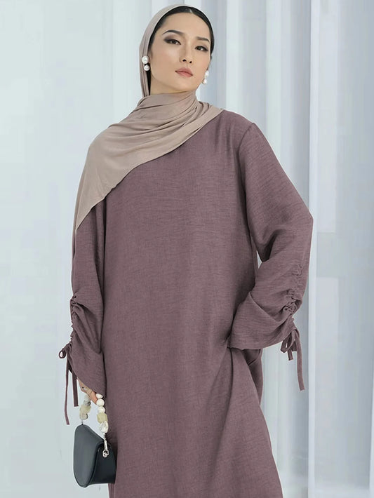Islamic Modest Dress for Women Abaya Lace-up Sleeve Morocco Casual Ramadan Vestidos Prayer Kaftan Dubai Muslim Long Robe