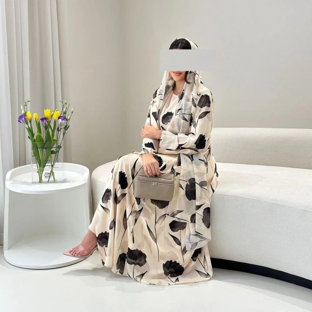 European Printed Abaya Suit Long Sleeved Robe and Headscarf Suitable for Muslim Women's Casual and Outdoor Activities Clothing