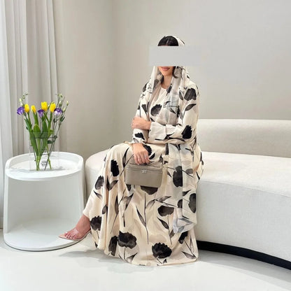 European Printed Abaya Suit Long Sleeved Robe and Headscarf Suitable for Muslim Women's Casual and Outdoor Activities Clothing