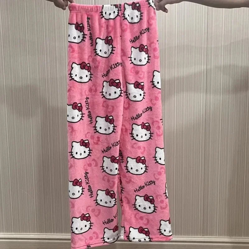 Christmas Sanrio Hello Kitty Pajamas Halloween Flannel Fashion Trouserswomen Kawaii Woolen Anime Cartoon Casual Home Pant Autumn