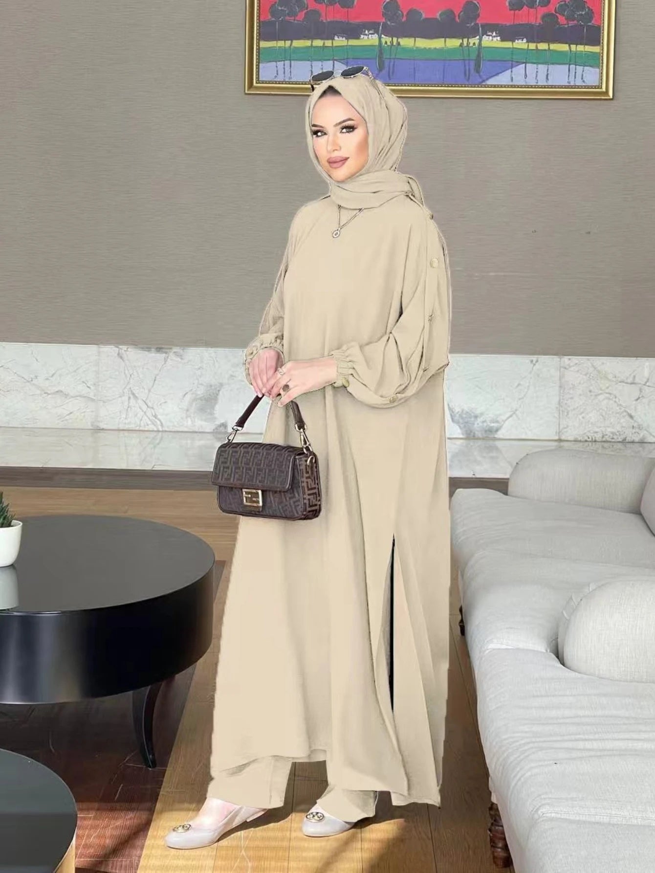 Muslim Dress for Women Blouse 2 Piece Set Long Sleeve Abaya Shirt Wide Leg Pant Suits Arabic Dubai Dresses Musulman Ensembles