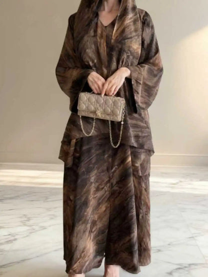 No headscarf; women's fashion Middle East Muslim tie-dye print spring and summer leisure long-sleeved coat robe elegant dress