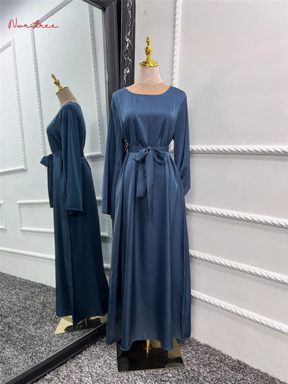 Fashion Sliky Djellaba Muslim Dress Dubai Full Length Flare Sleeved Soft Abaya Dubai Turkey Muslim Islam Robe WY921