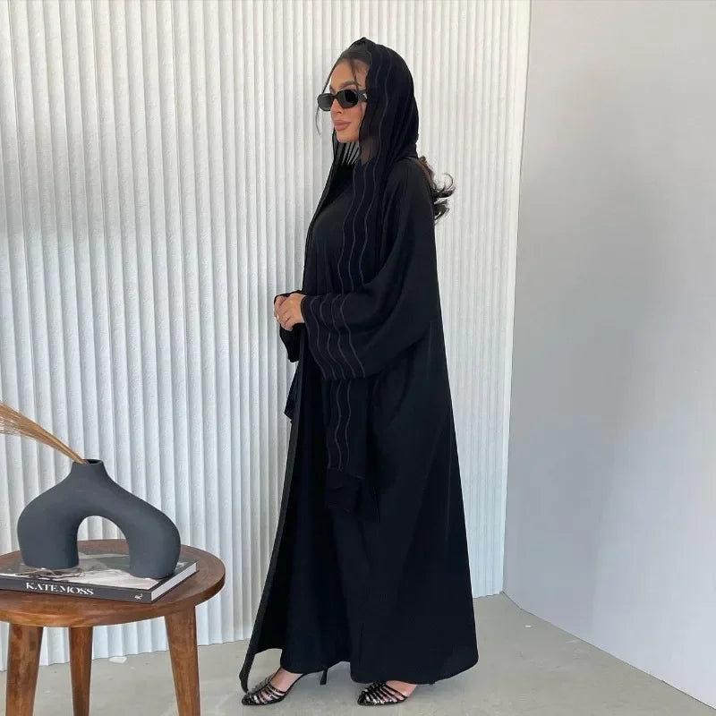 2025 New Abaya Under Dress Kaftan Solid Ramadan Muslim Sets Exquisite Embroidery Embroidery Coat with Headband Islamic Clothing
