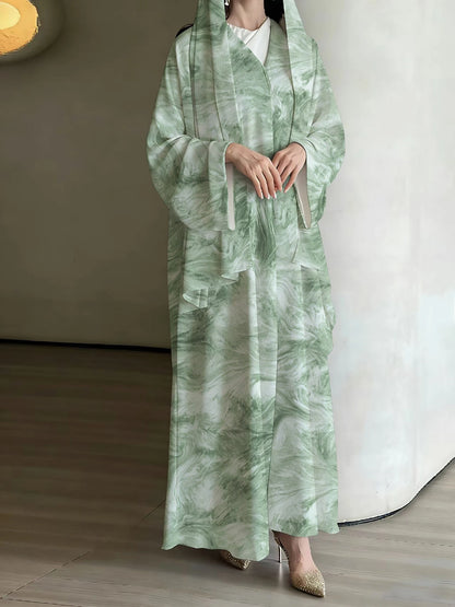No headscarf; women's fashion Middle East Muslim tie-dye print spring and summer leisure long-sleeved coat robe elegant dress