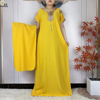 African Abayas New For Women Pure Color Cotton Islam Kaftan Maxi Short Sleeves Dresses Femme Muslim Casual Robe With Headscarf