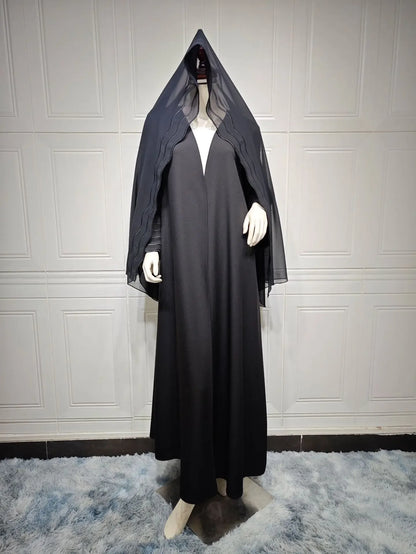 2025 New Abaya Under Dress Kaftan Solid Ramadan Muslim Sets Exquisite Embroidery Embroidery Coat with Headband Islamic Clothing