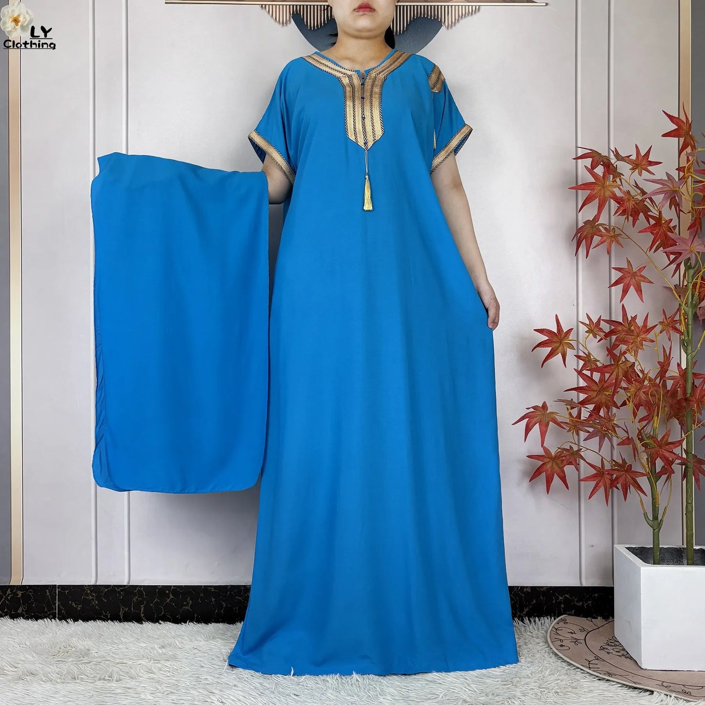 African Abayas New For Women Pure Color Cotton Islam Kaftan Maxi Short Sleeves Dresses Femme Muslim Casual Robe With Headscarf